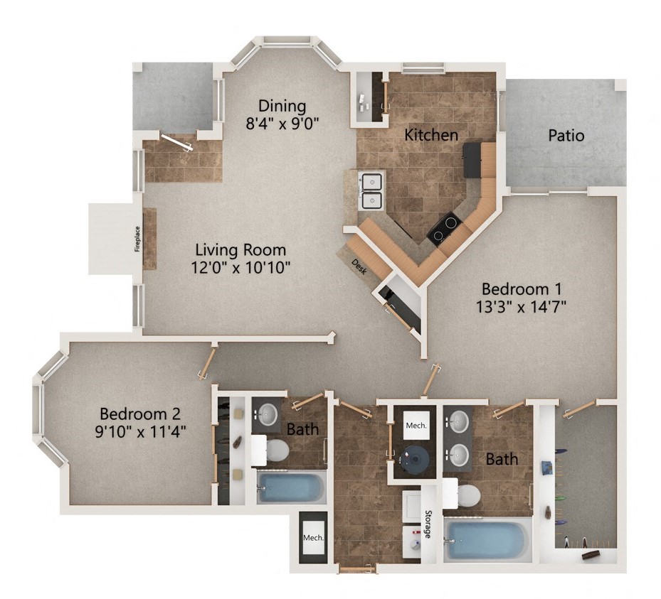 Floor plan for 2 beds, 2 baths, 1175 sqft